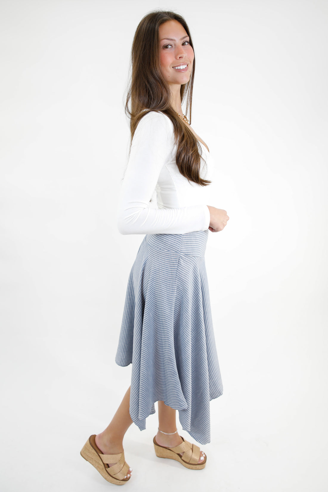 Striped Linen Blend Midi Handkerchief Skirt