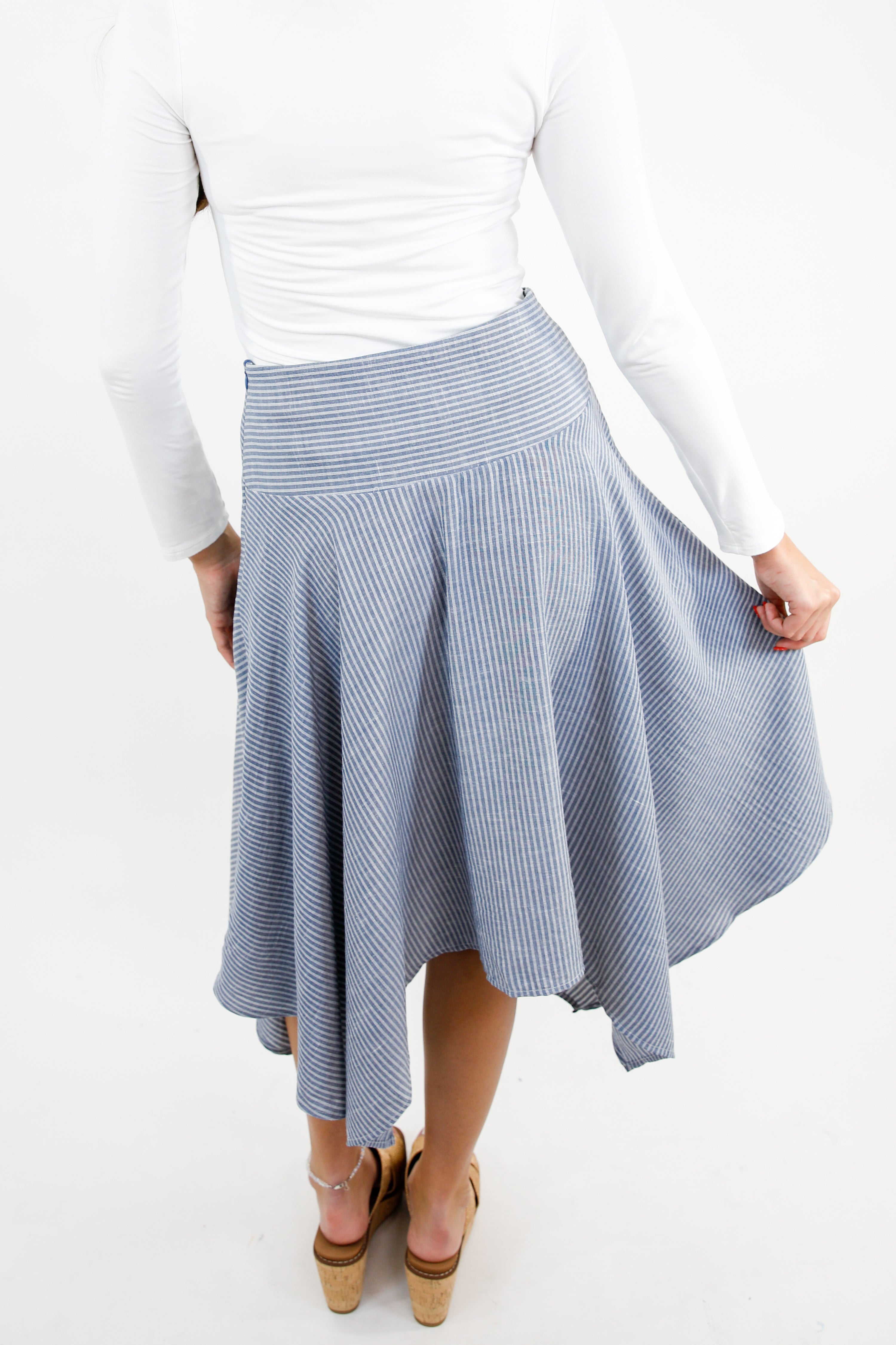 Striped Linen Blend Midi Handkerchief Skirt