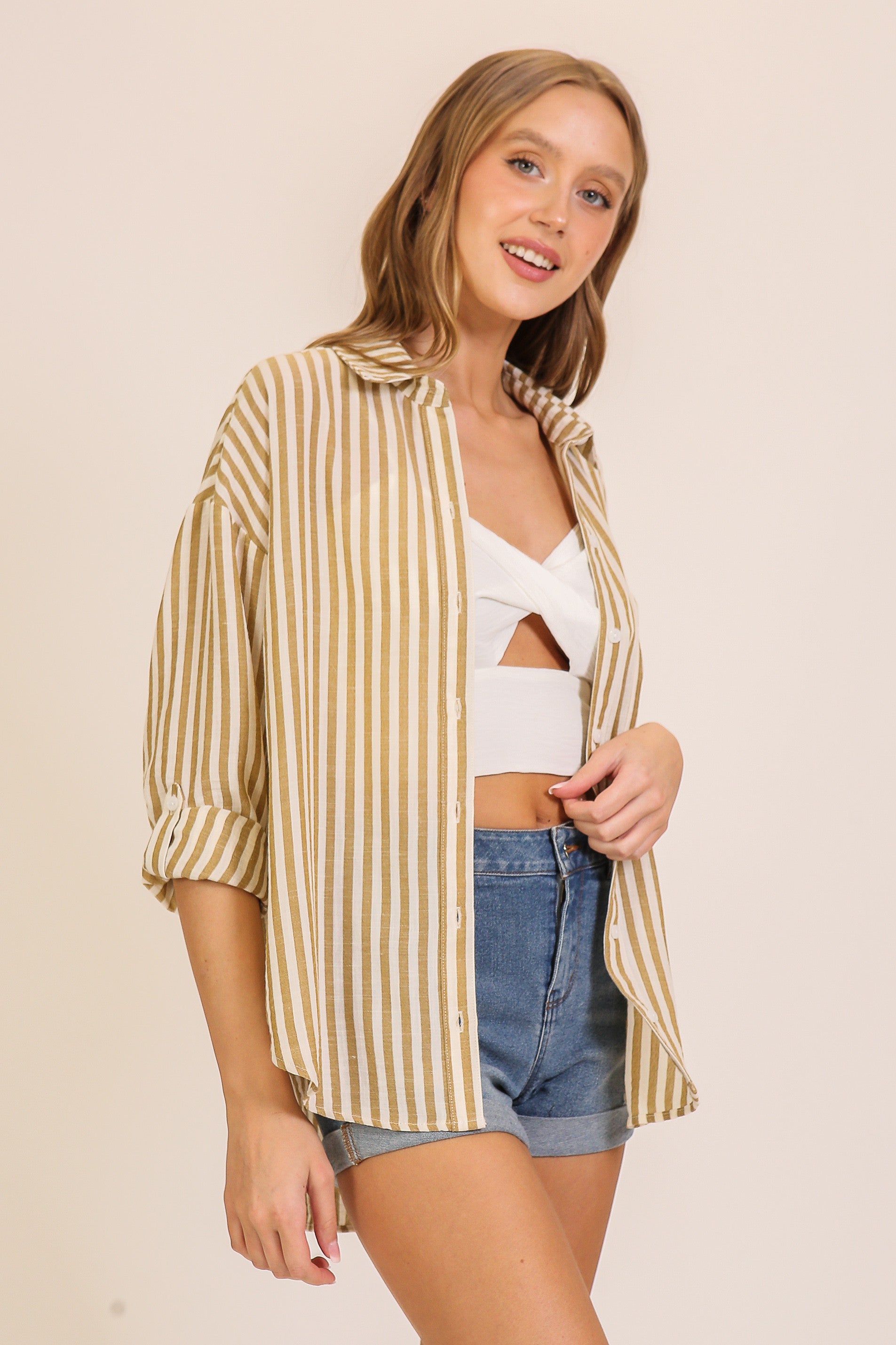Roll-Tab Stripe Blouse