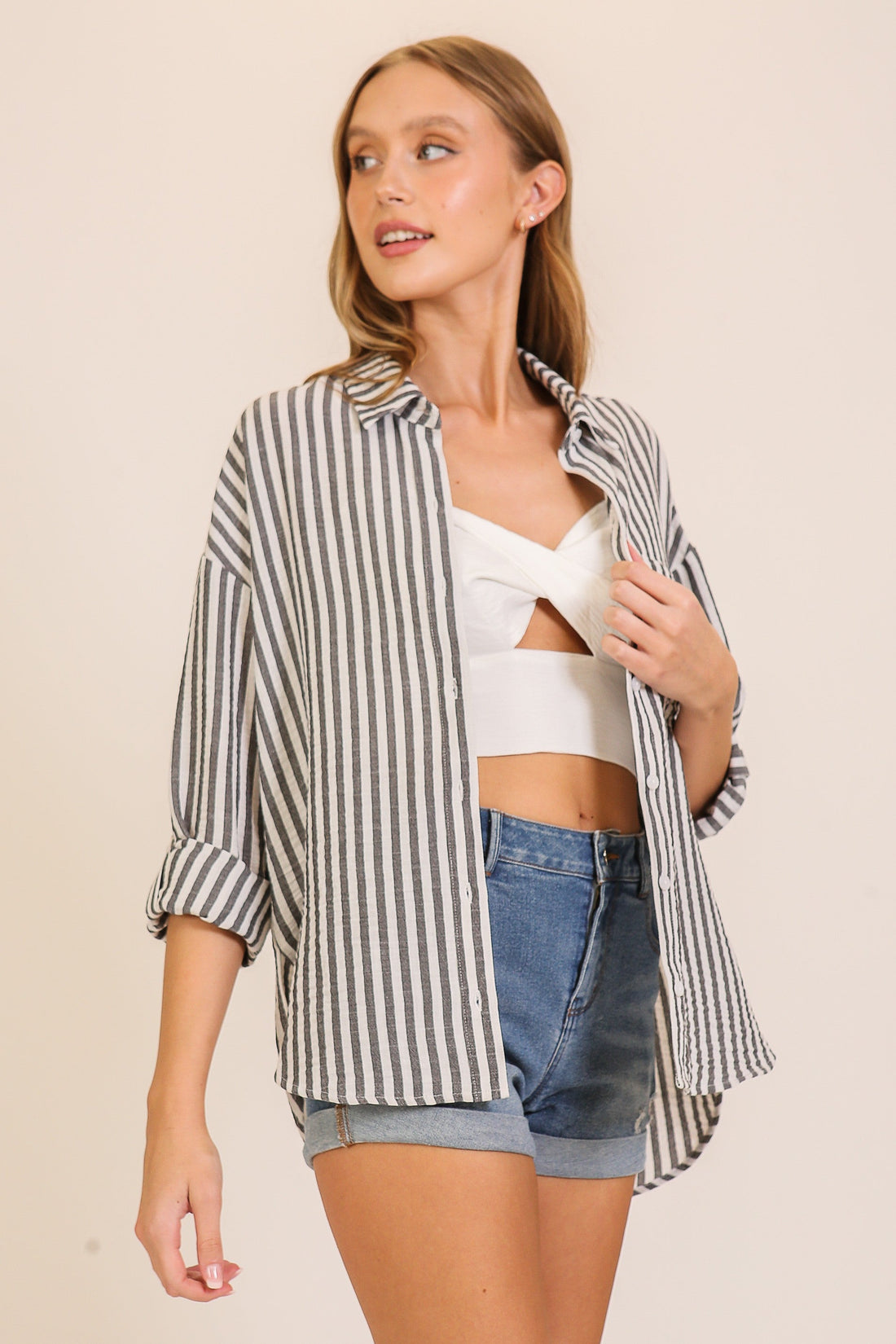 Roll-Tab Stripe Blouse