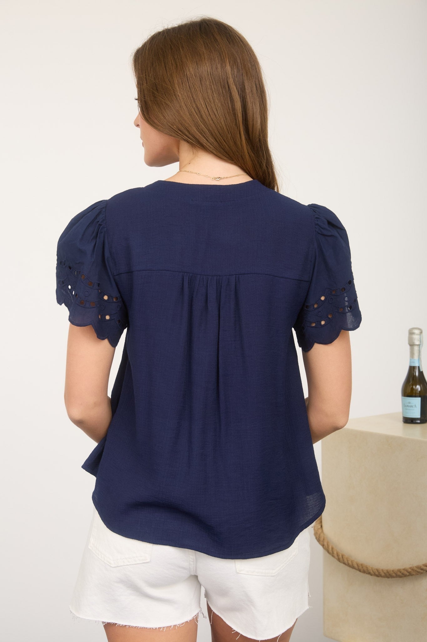 Navy Eyelet Charm Button Down Top