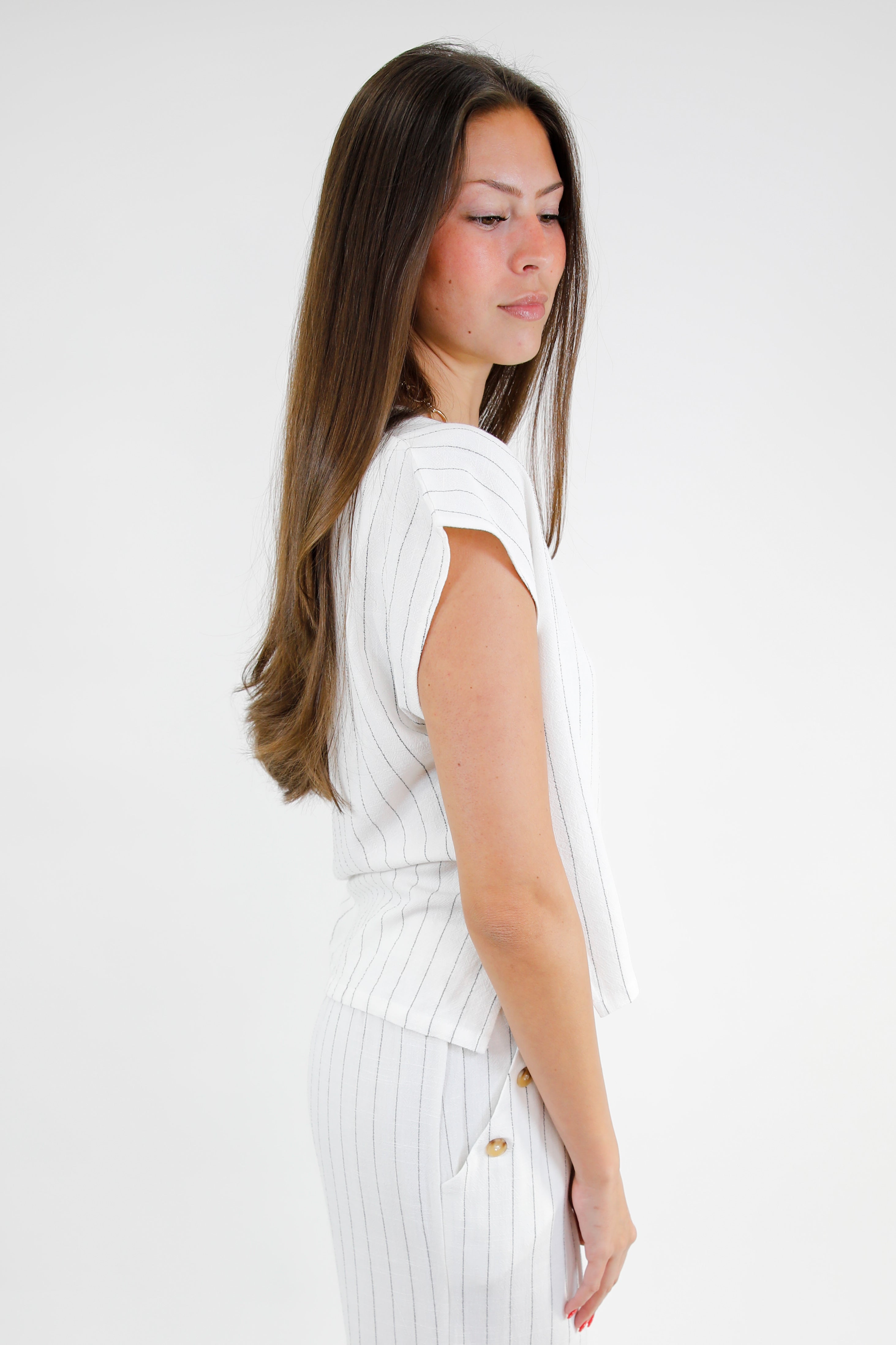 Pinstripe Linen Blend High Low V Neck Top