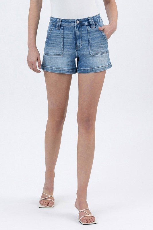 Vervet Mid Rise Patch Pocket Denim Shorts