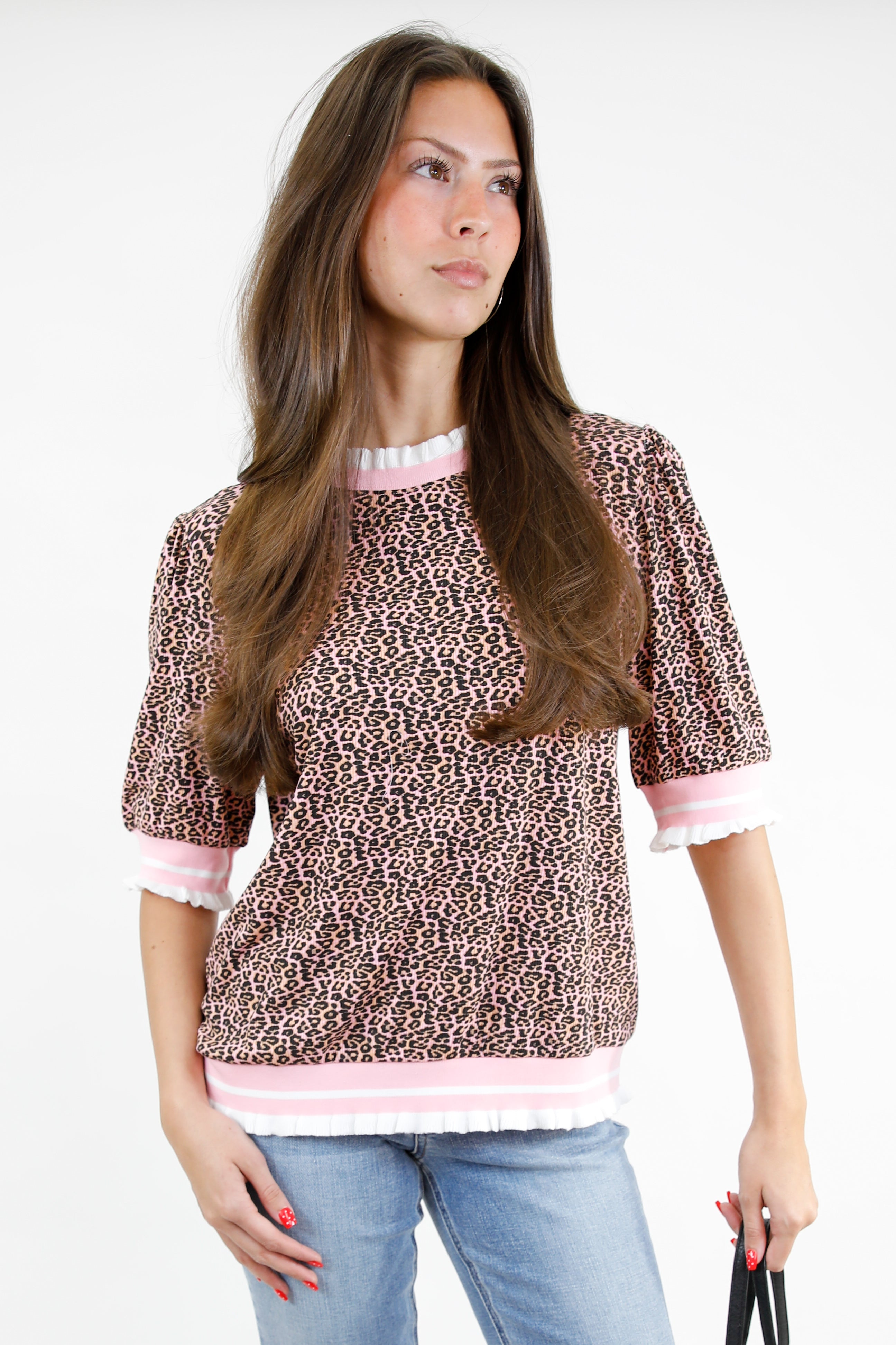 Pink Leopard Contrast Knit Top