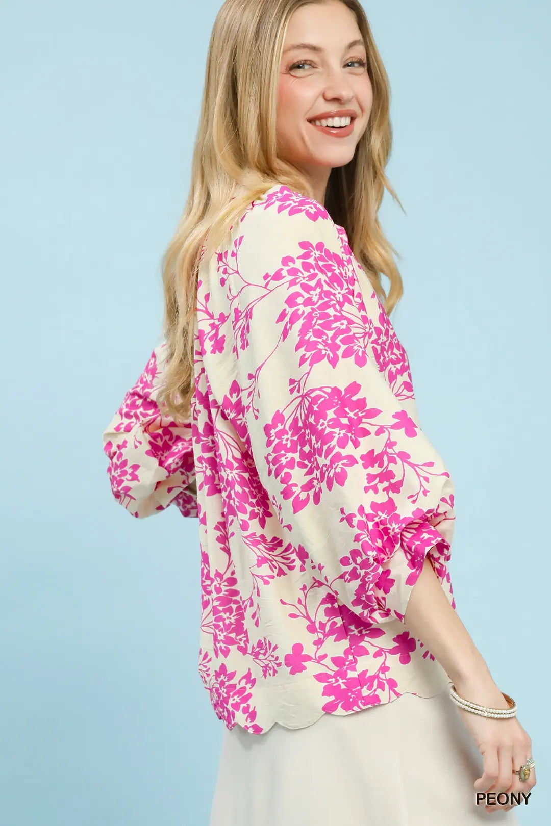 Cherry Blossom Print Split Neck Raglan 3/4 Puff Sleeve Top