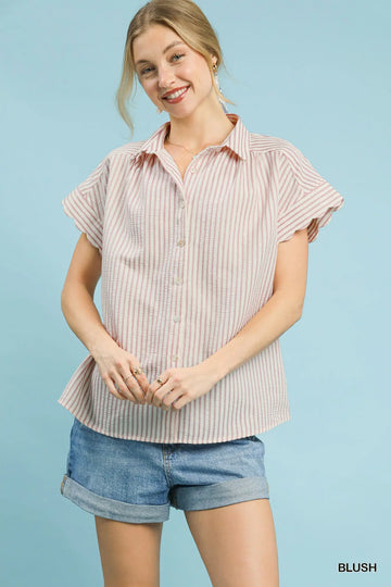 Scallop Sleeve Seersucker Stripe Top