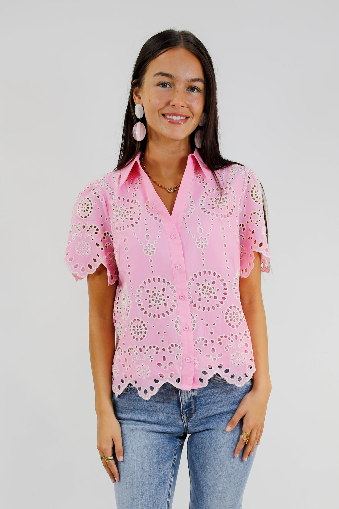 Pretty In Pink Eyelet Embroidered Blouse