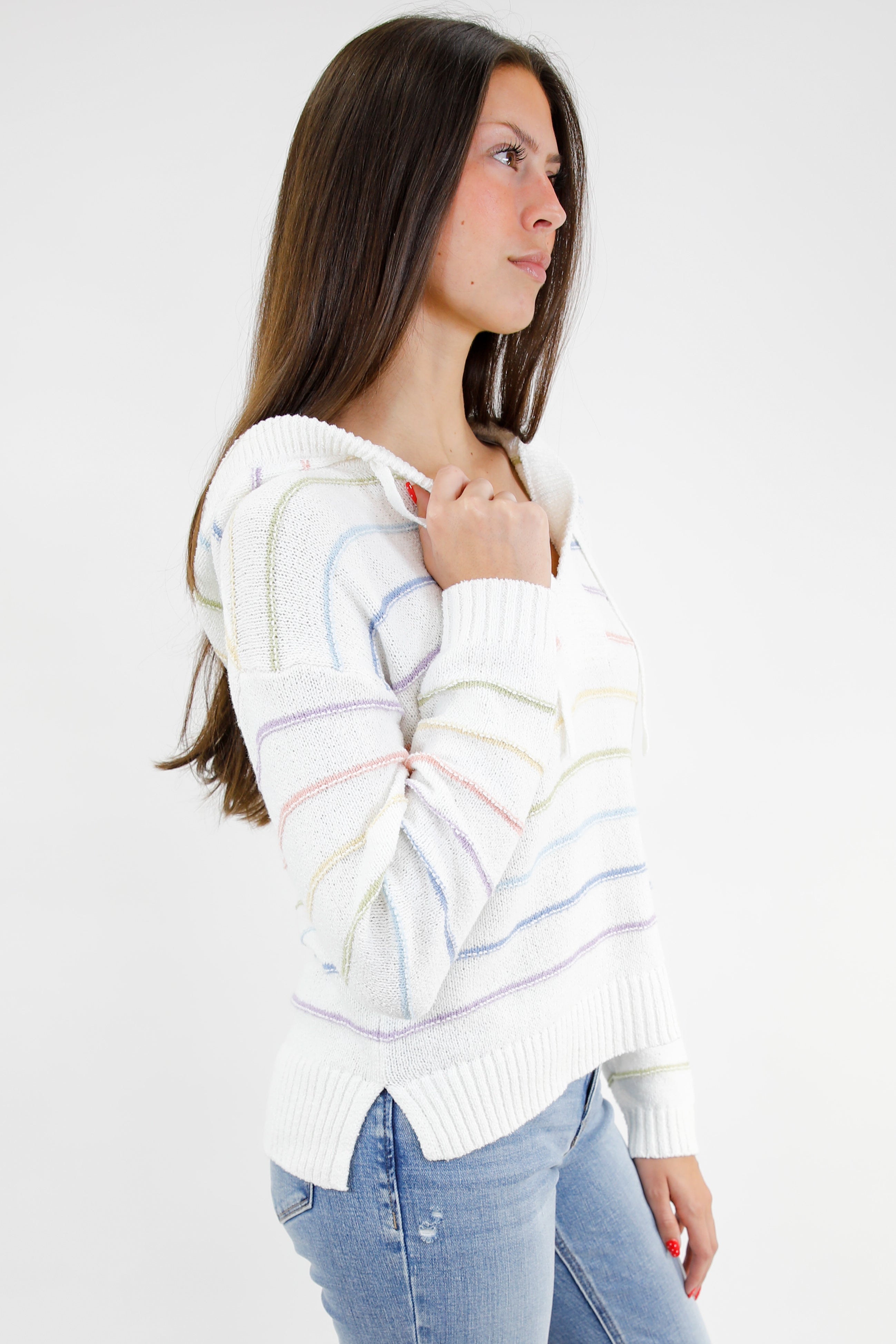 Drawstring Hood V Neck Sweater