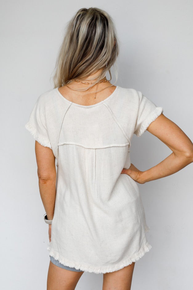 Solid Linen Short Sleeve Top - Seam Detailing & Ruffle Fringe Edges
