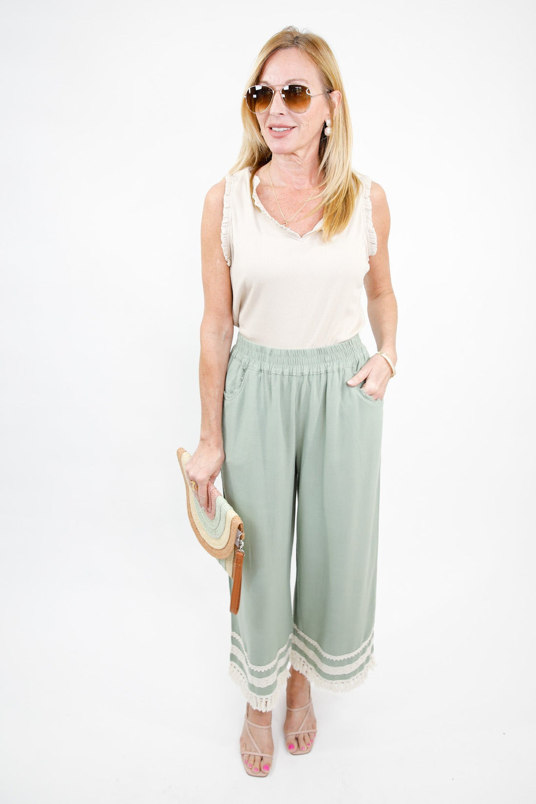 Lace Trim Fringe Hem Wide Leg Pants