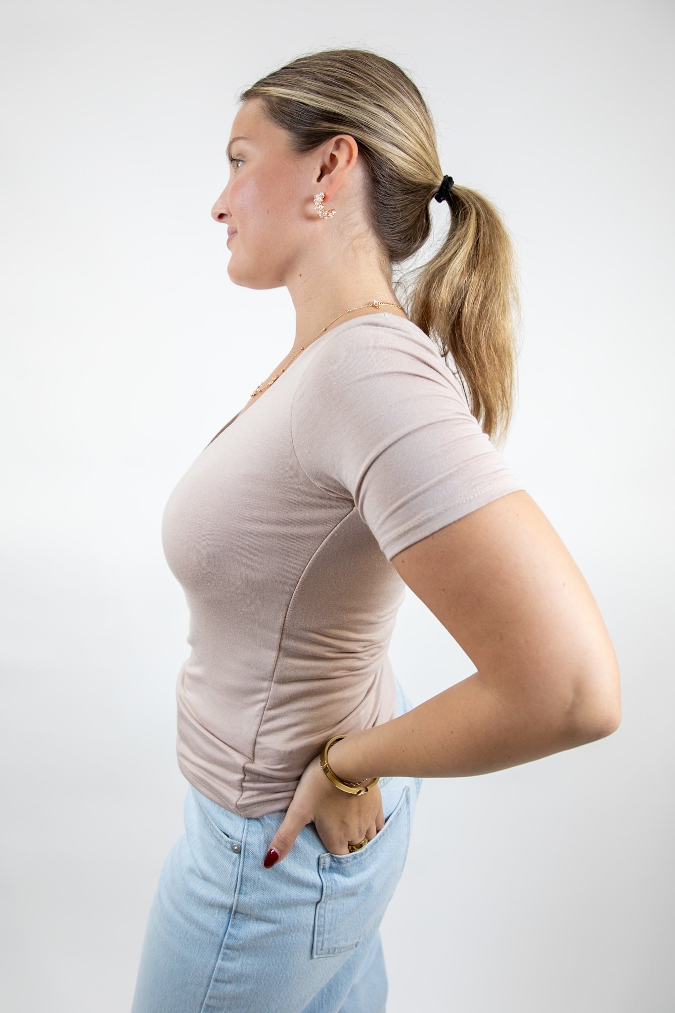 Easy Layers V Neck Top Lt Taupe