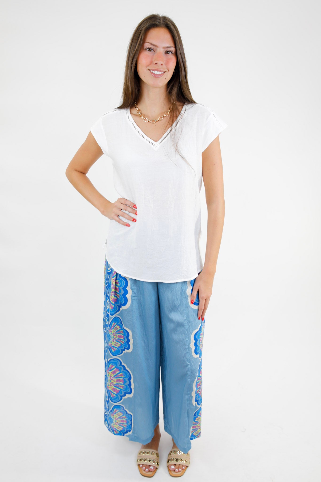 Flowy Textured Short Sleeve V Neck Blouse