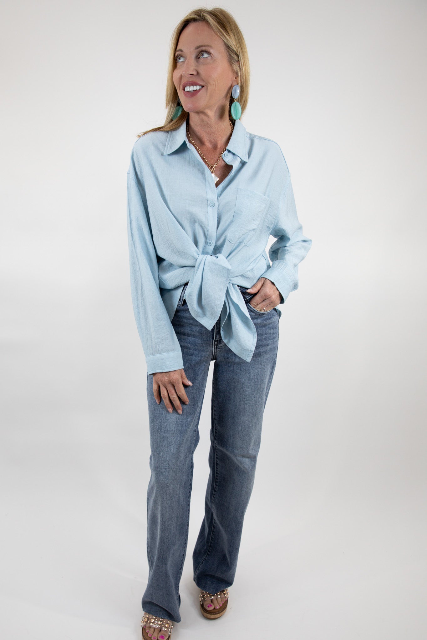 Drapey Textured Button Up Collared Shirt