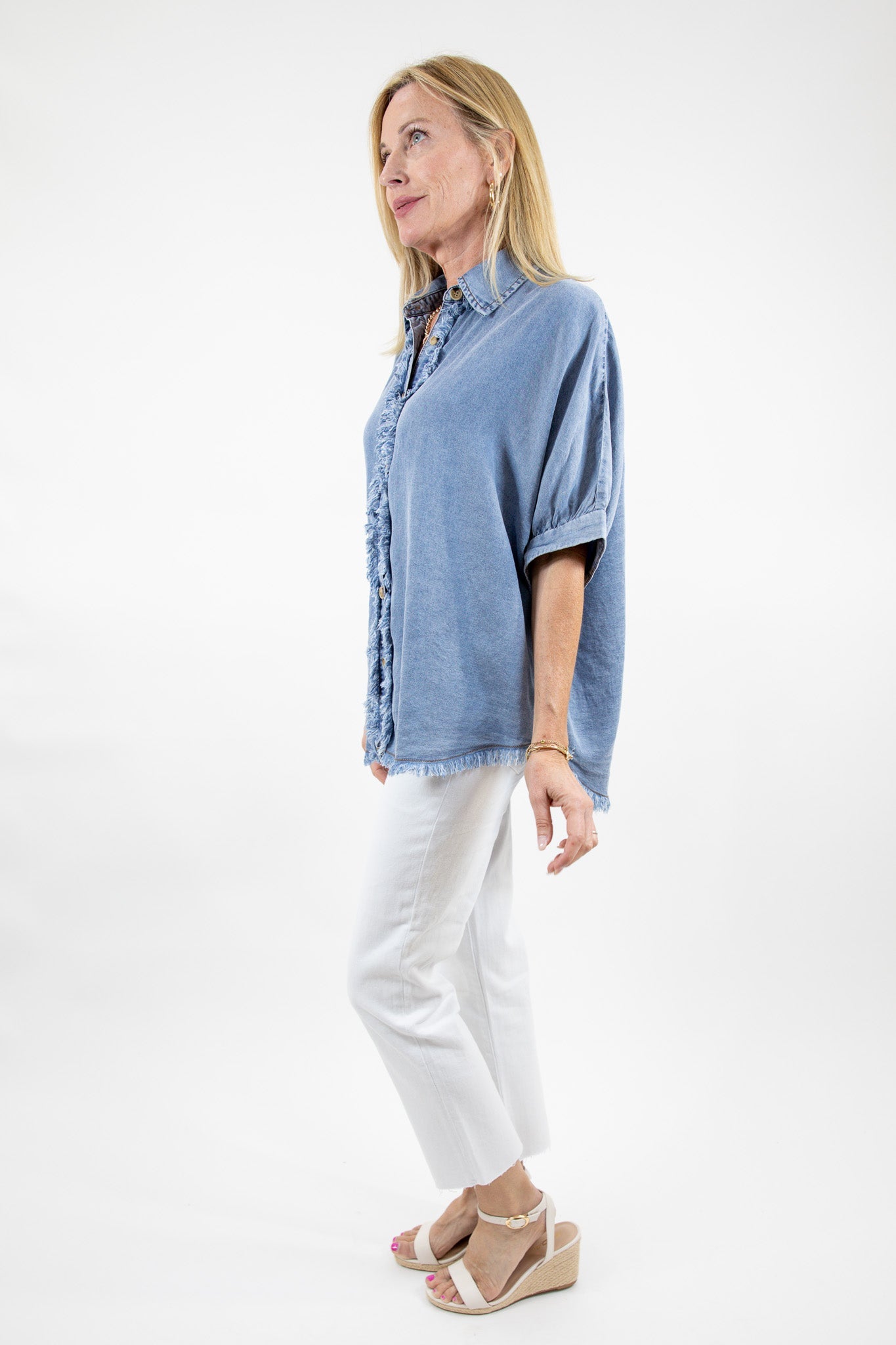 Frayed Trim Denim Button Top