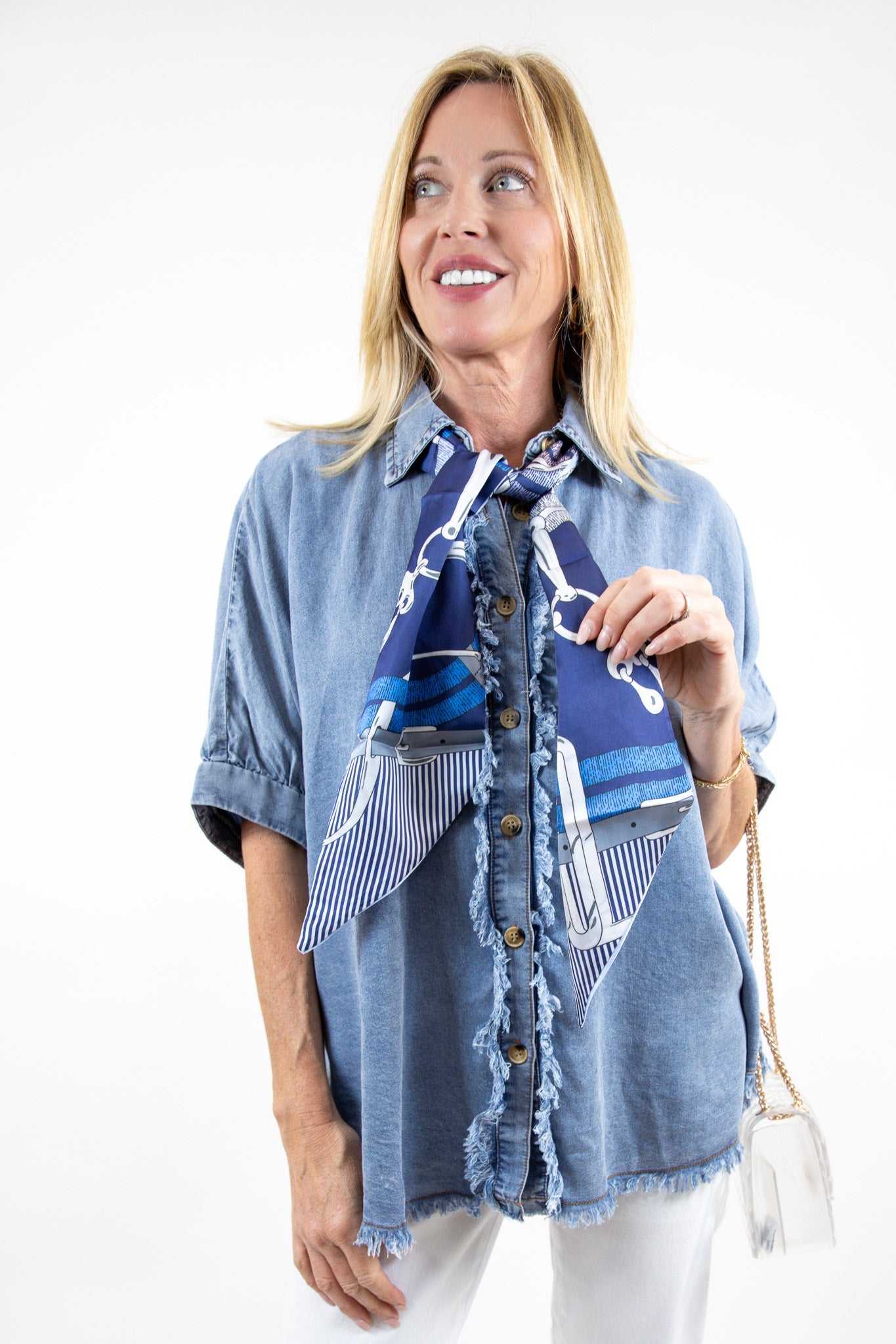 Frayed Trim Denim Button Top