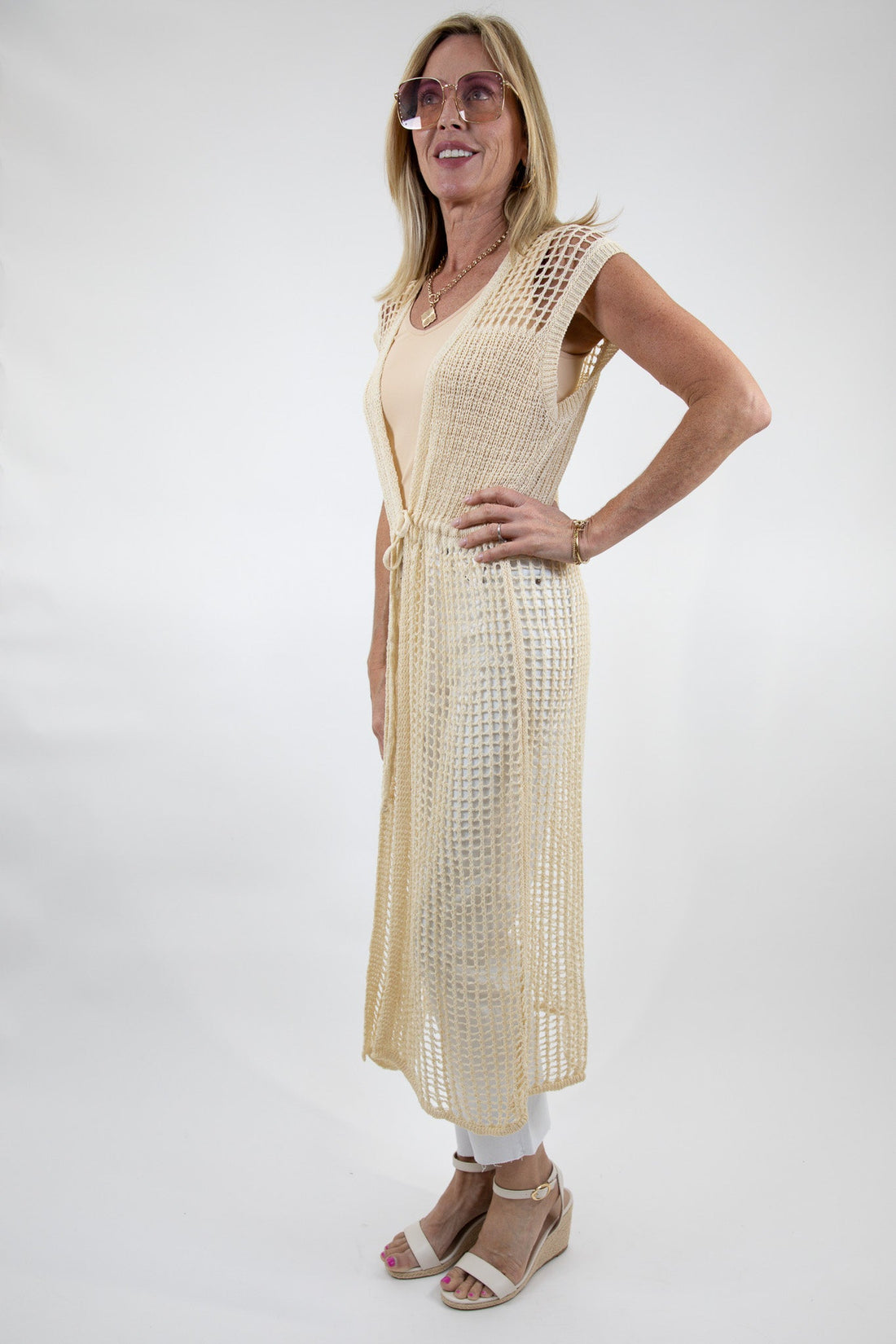 Open Weave Knit Sleeveless Front Tie Cardigan
