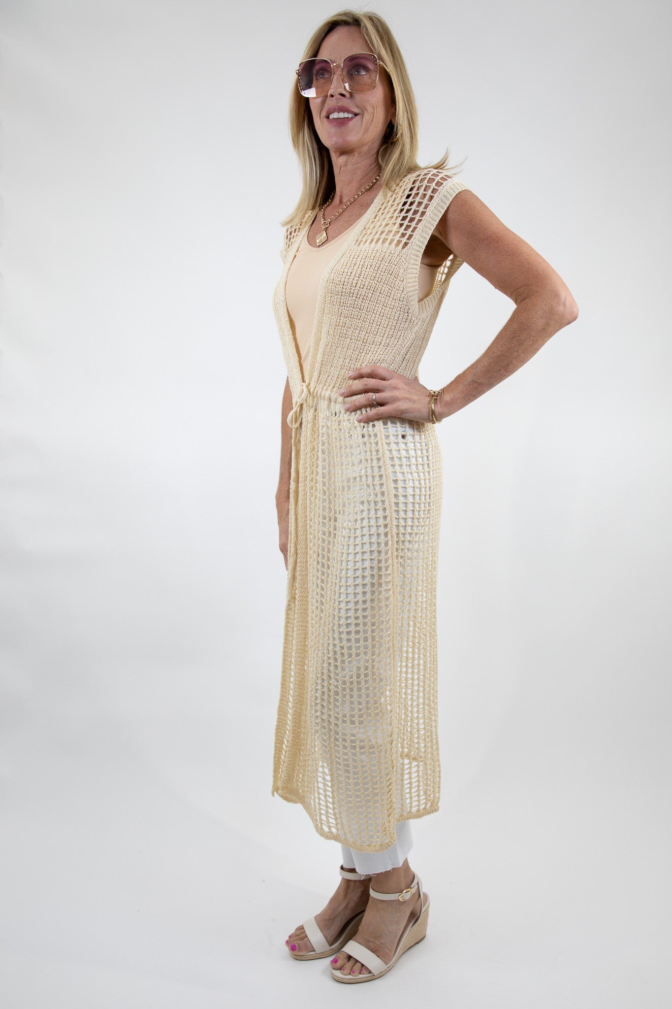 Open Weave Knit Sleeveless Front Tie Cardigan