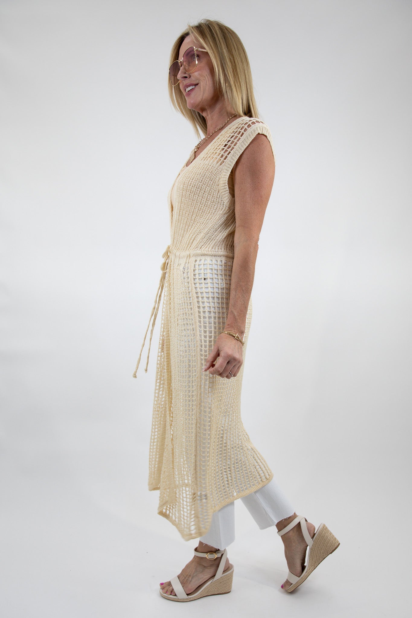Open Weave Knit Sleeveless Front Tie Cardigan