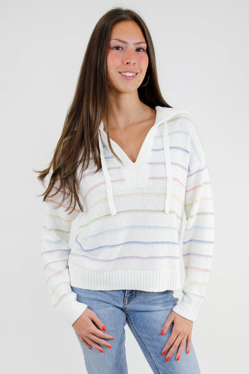 Drawstring Hood V Neck Sweater