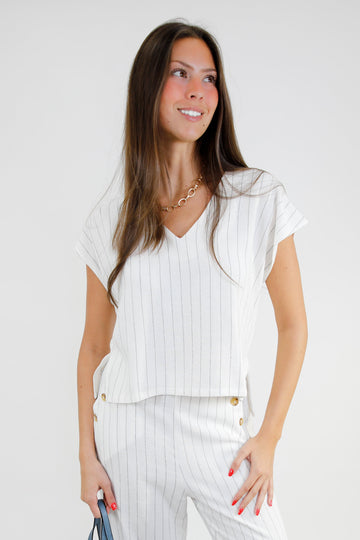 Pinstripe Linen Blend High Low V Neck Top
