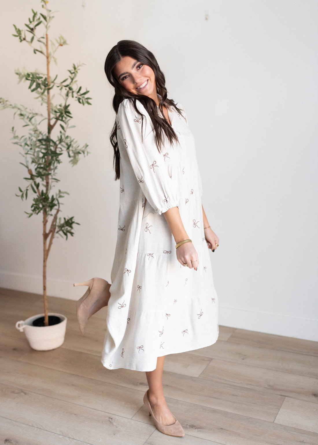 Maria Oatmeal Embroidered Bow Dress