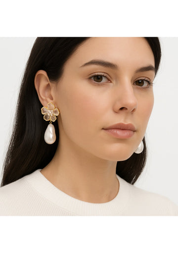 Pearl Drop Flower Post Earrings