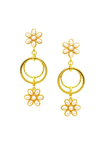 White Pearl Gold Circle Post Earrings