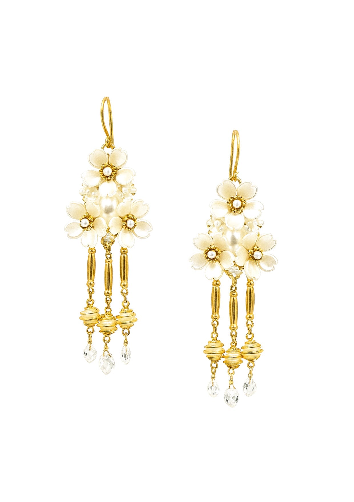 White Pearl Gold Dangle Earrings