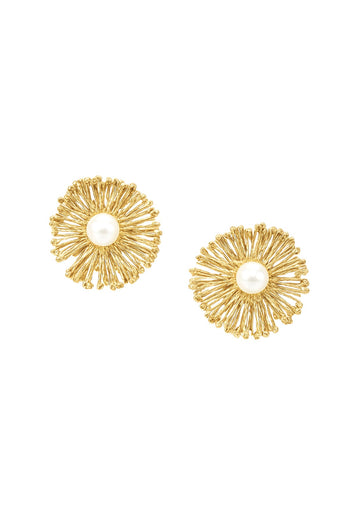 Gold Flower Pearl Post Earrings