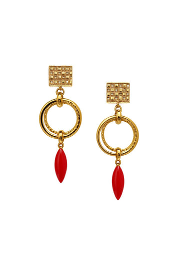 Red Coral Gold Drop Earrings