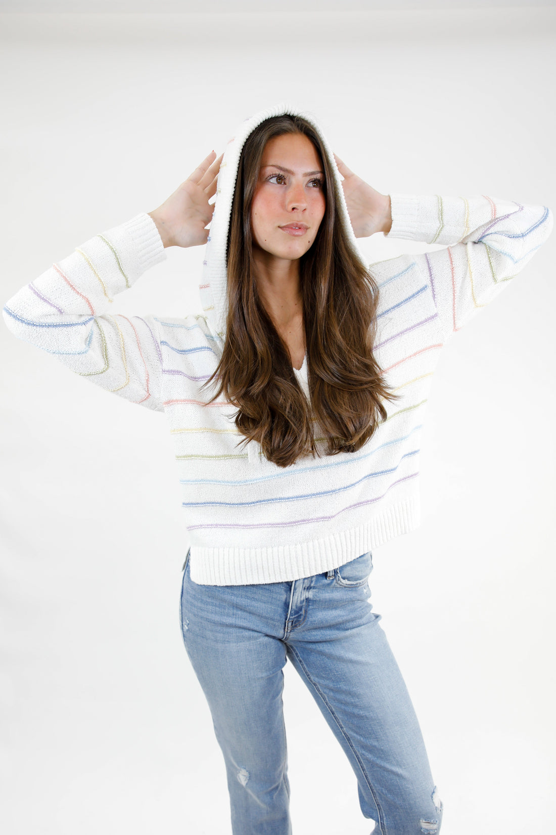 Drawstring Hood V Neck Sweater