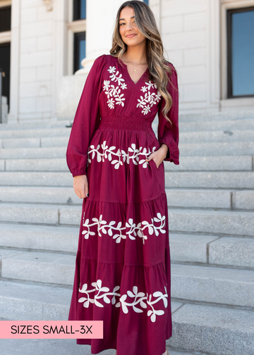 Gianna Wine Floral Embroidered Dress