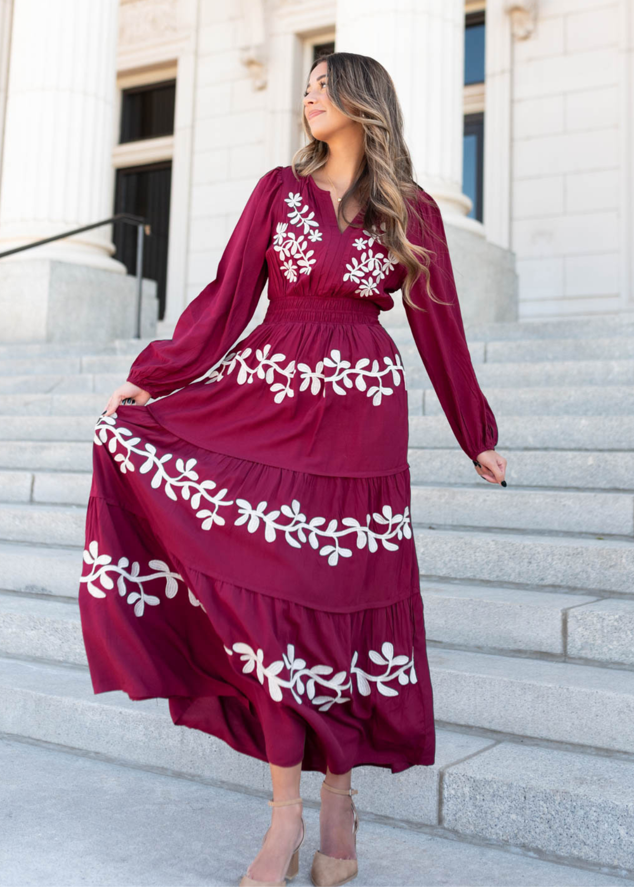 Gianna Wine Floral Embroidered Dress
