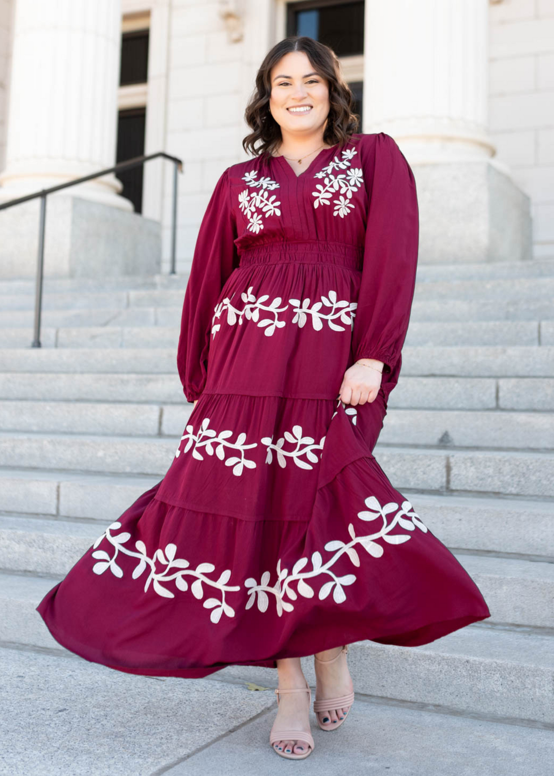 Gianna Wine Floral Embroidered Dress