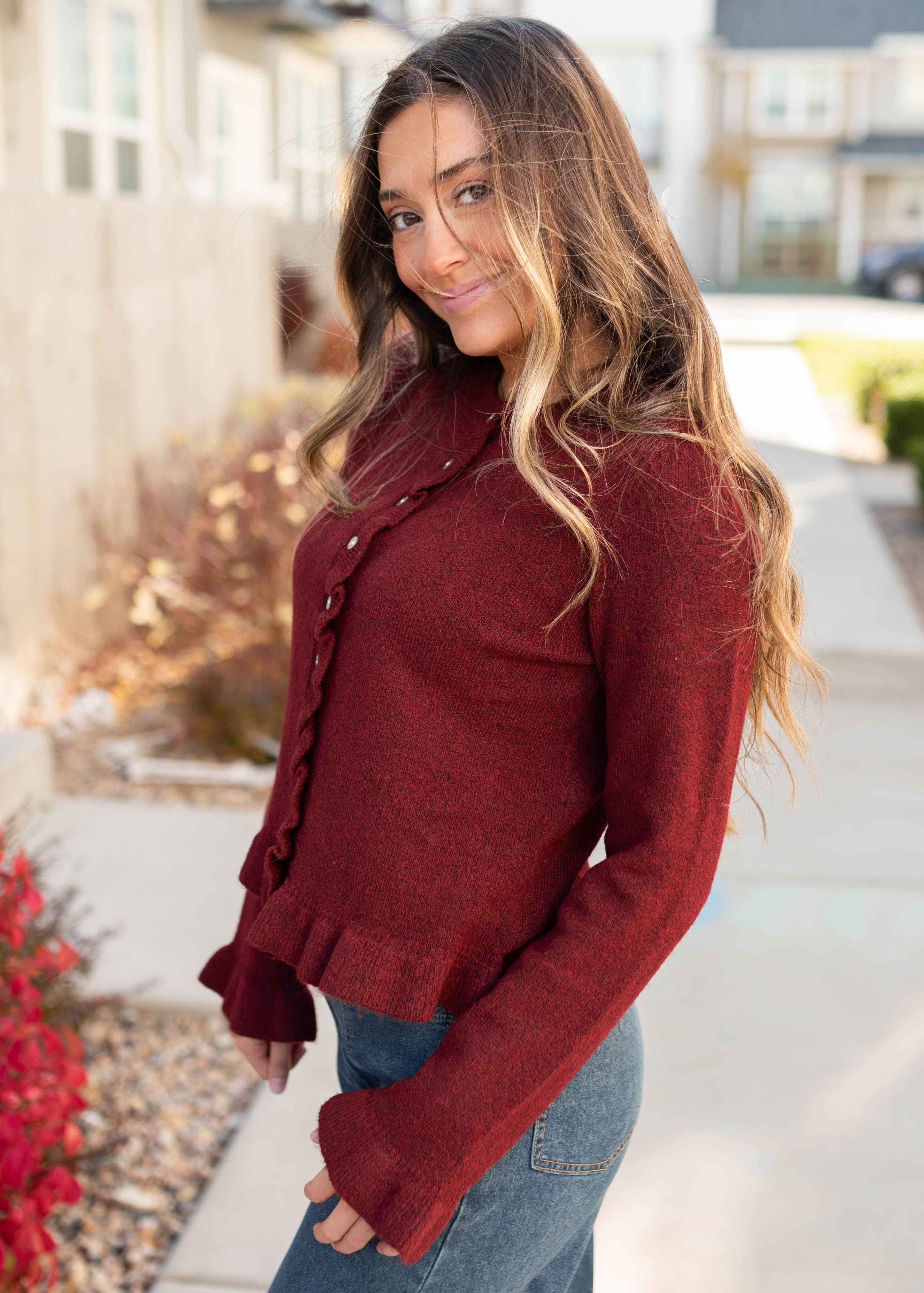 Harper Burgundy Ruffle Cardigan
