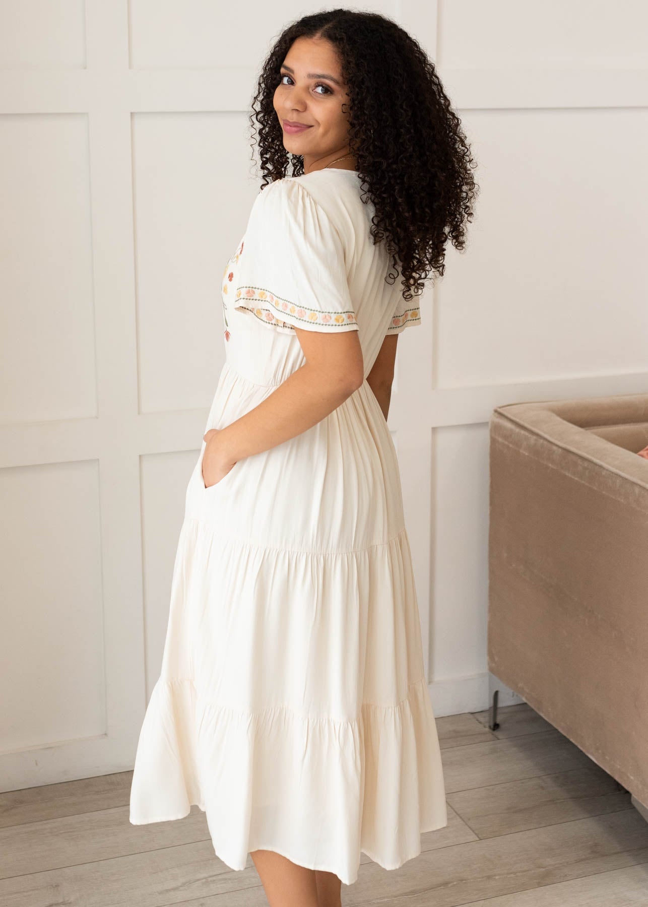 Hazel Ivory Embroidered Tiered Dress