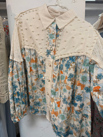 Oatmeal Balloon Sleeve Twill Top