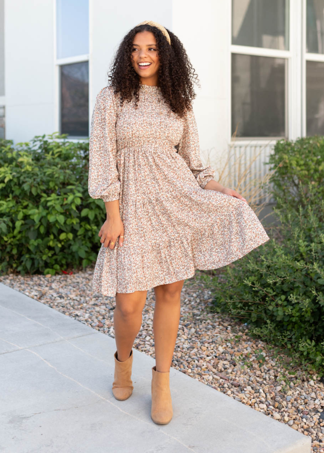 Kinzie Beige Floral Smocked Dress