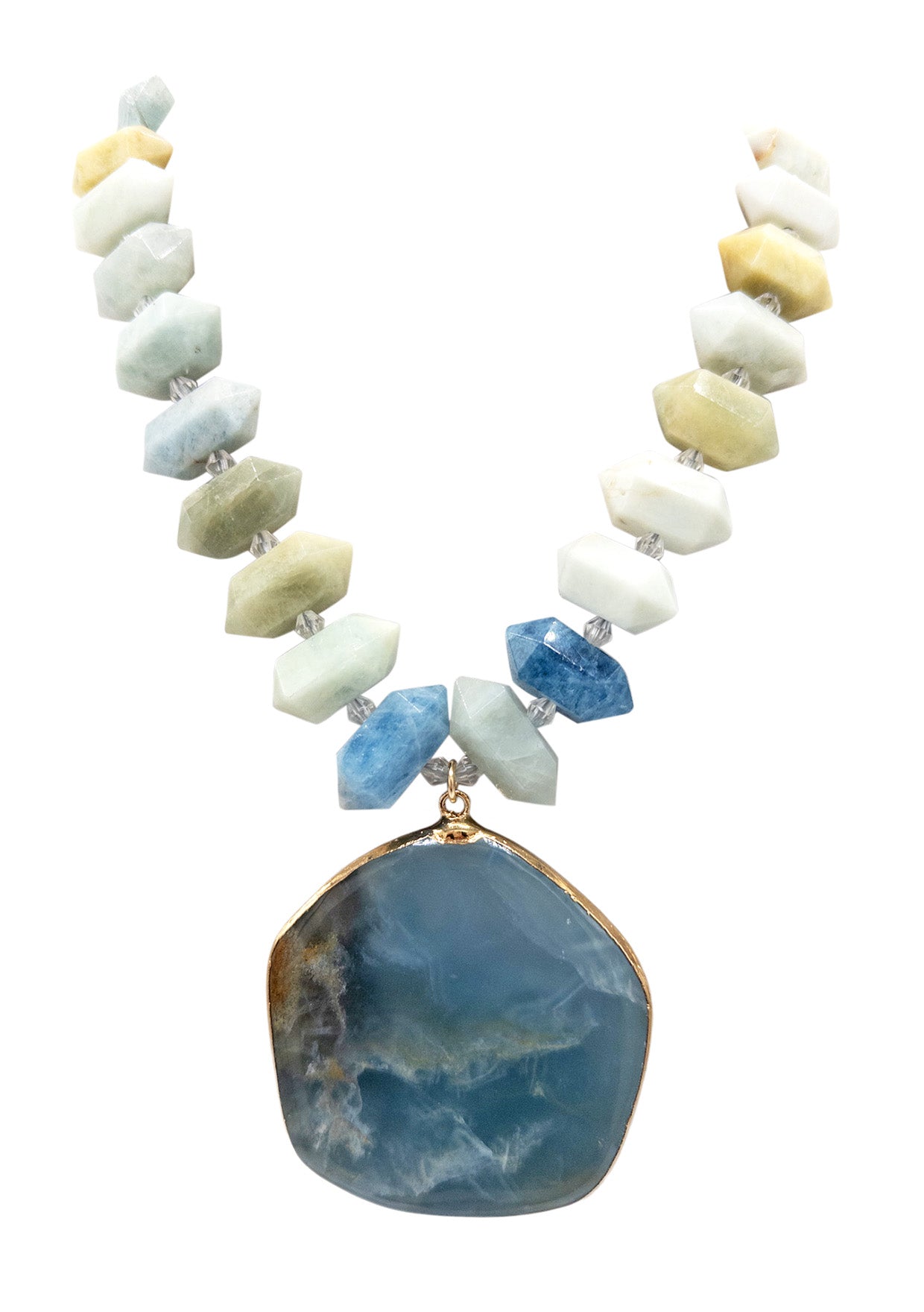 Aqua Marine in Gold Foil Pendant Amazonite Station Necklace