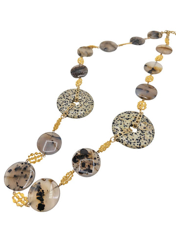 Rare Snow Leaopard Agate Coin Animal Print Medallion Station Necklace