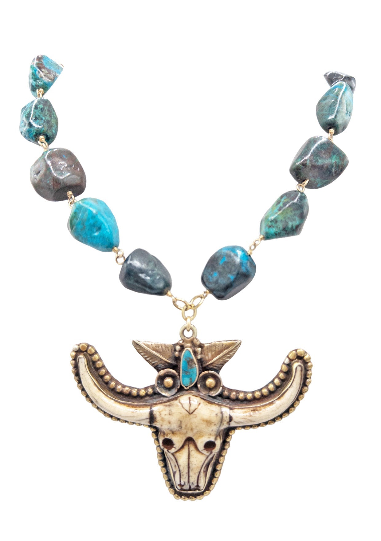 Chrysocolla Bone Bull Pendant Necklace