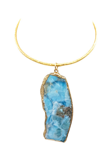 Large Rare Larimar in Gold Foil Pendant Gold Bar Necklace