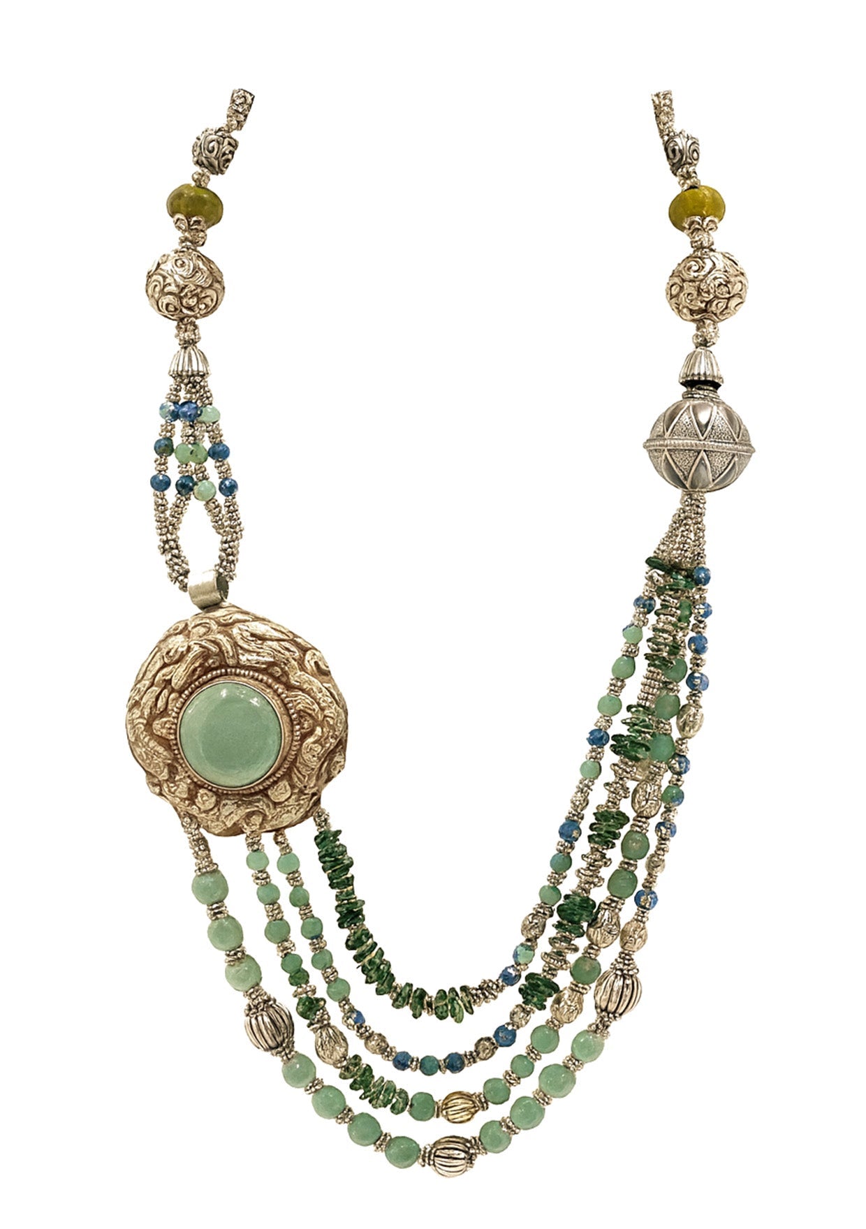 Ethnic Tibetan Silver and Green Chalcedony Necklace