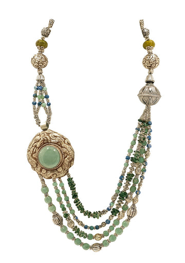Ethnic Tibetan Silver and Green Chalcedony Necklace