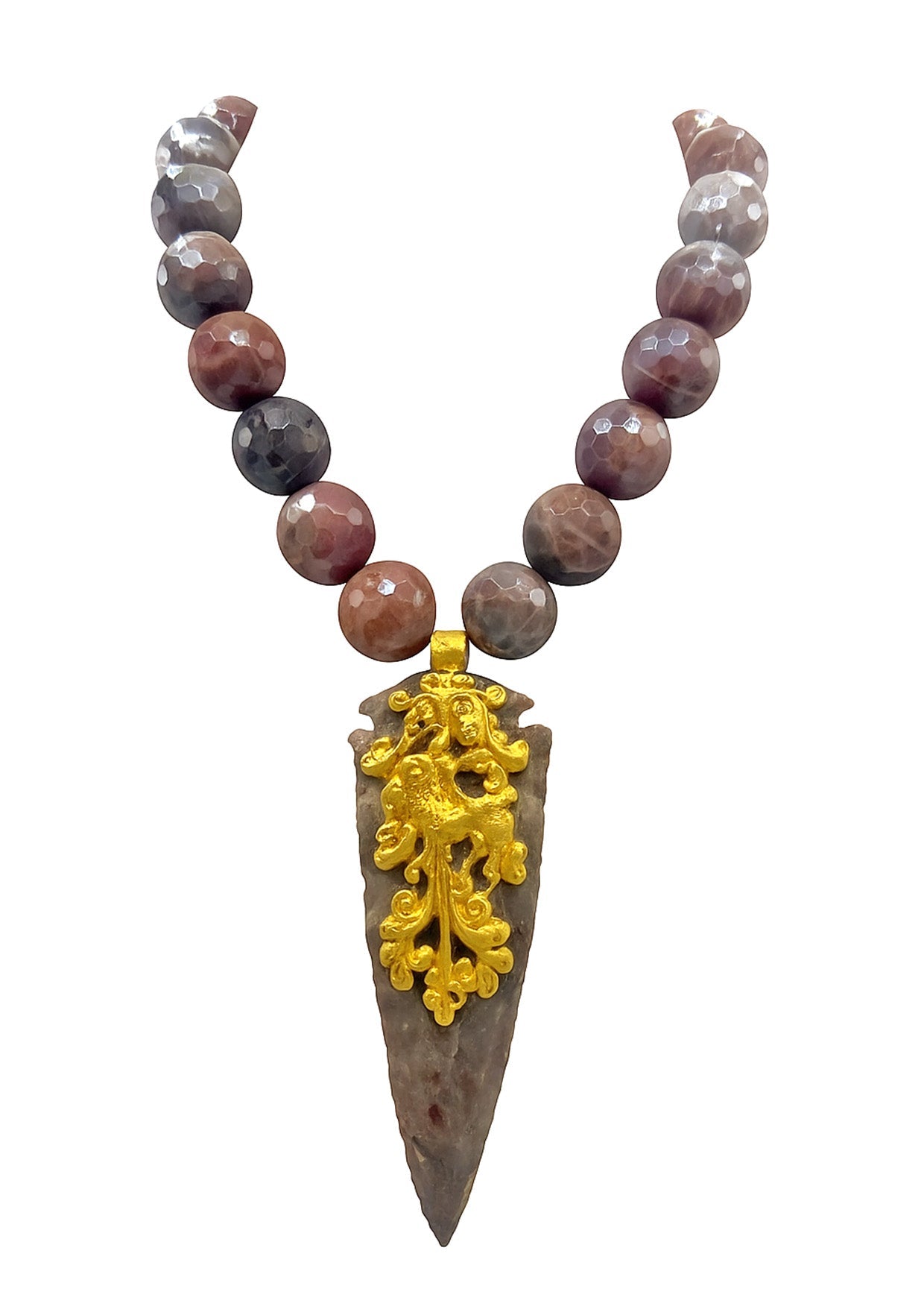 Faceted Moonstone and Jasper Arrowhead and Gold Pendant Necklace