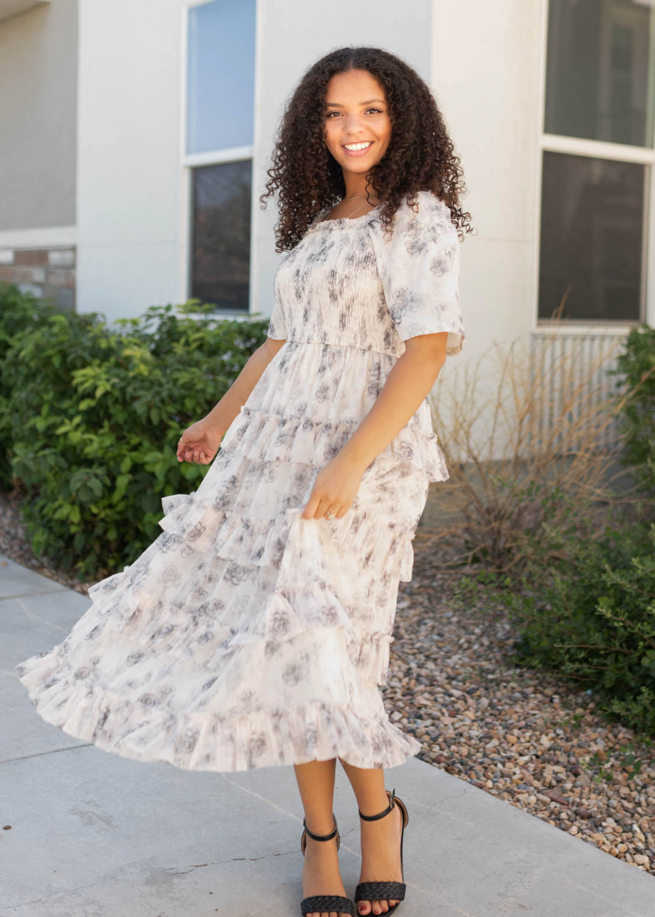 Sophie Grey Floral Tiered Dress