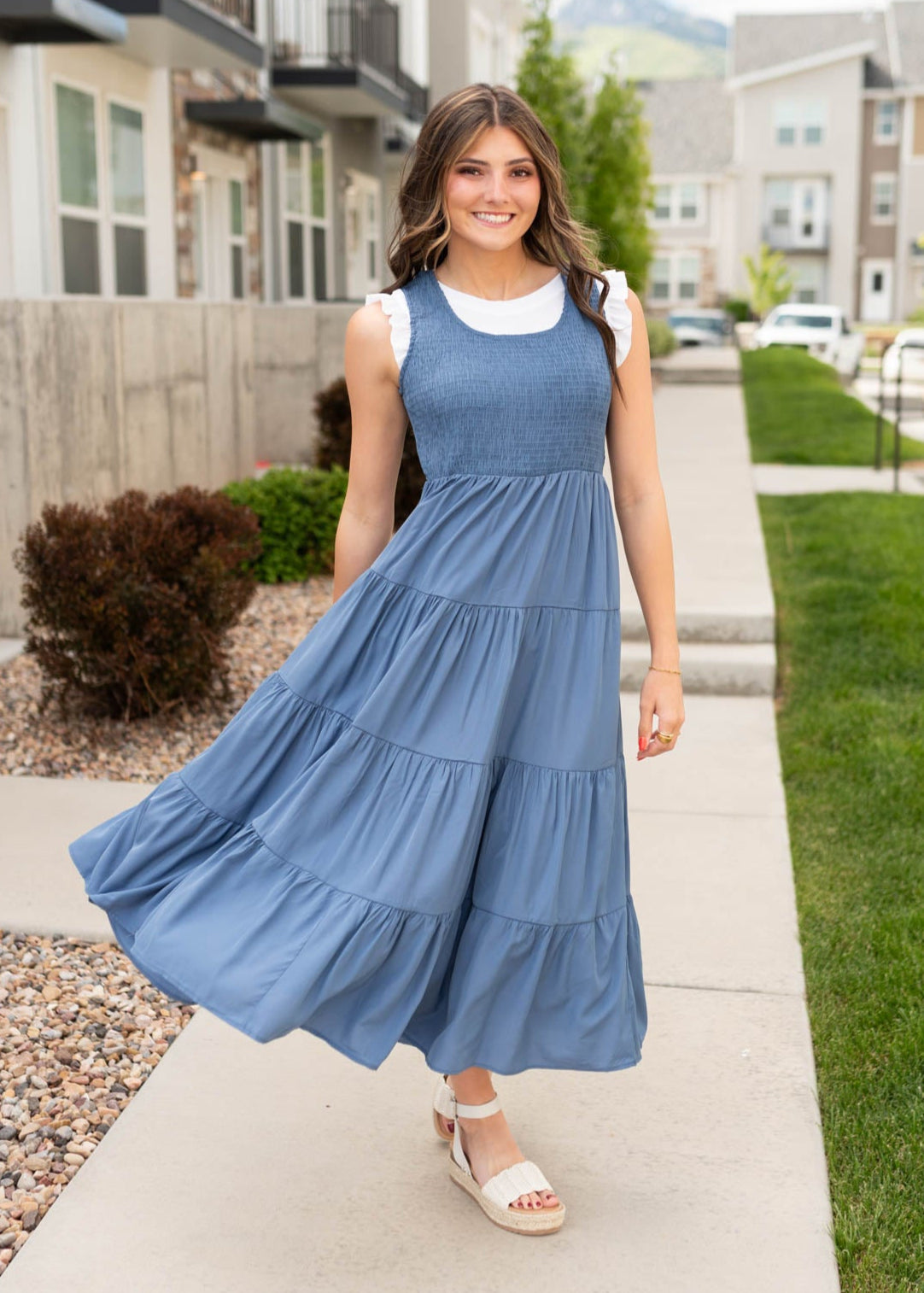 Yenny Dusty Blue Smocked Dress