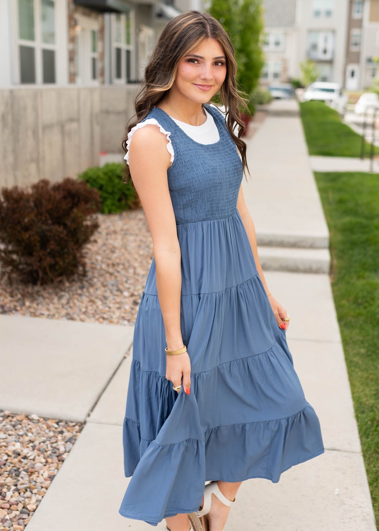 Yenny Dusty Blue Smocked Dress