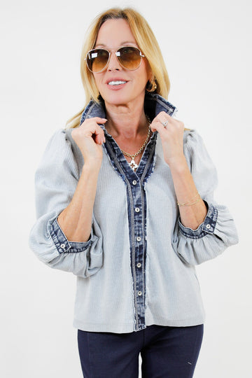 Market Street Denim Trim Button Top