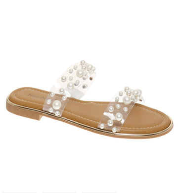 Pearl-Embellished Clear Strap Slide Sandals